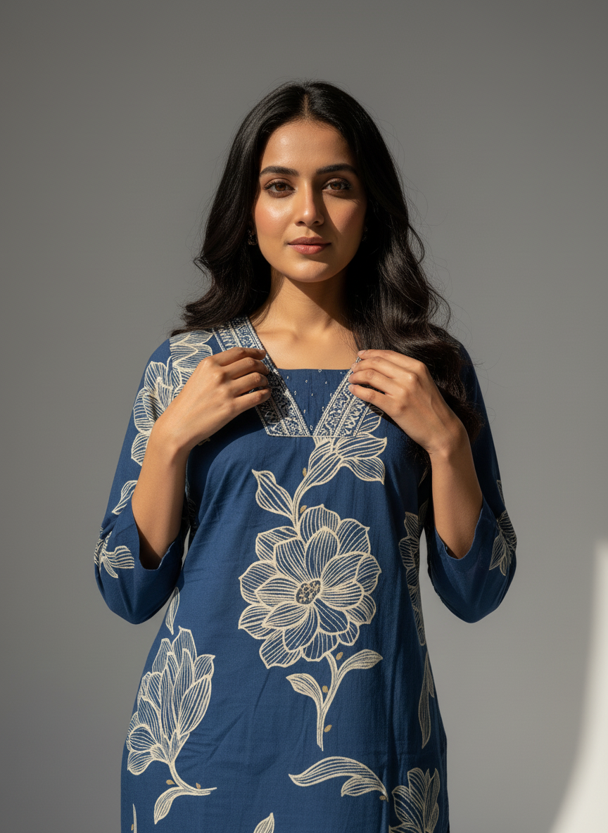 Blue Floral Cotton Kurta Set for Women – Printed Daily Wear Suit with Dupatta