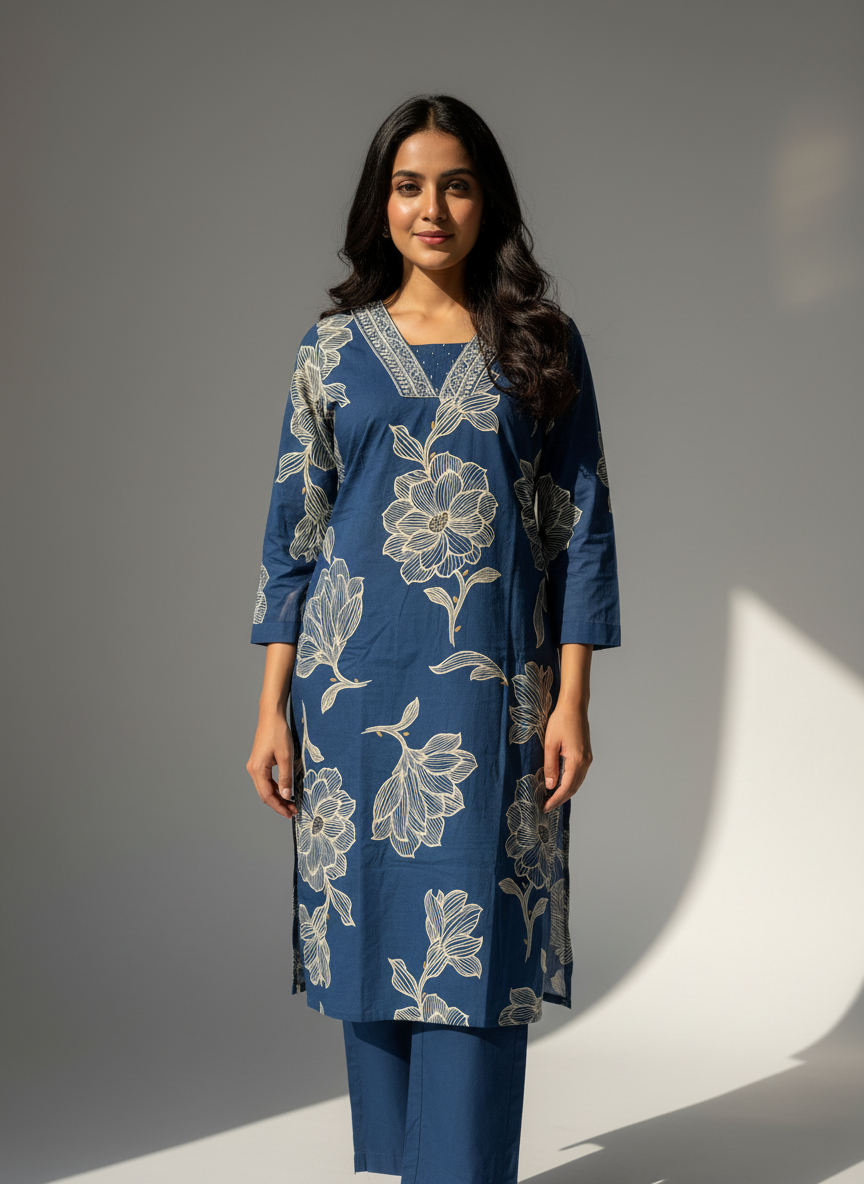 Blue Floral Cotton Kurta Set for Women – Printed Daily Wear Suit with Dupatta