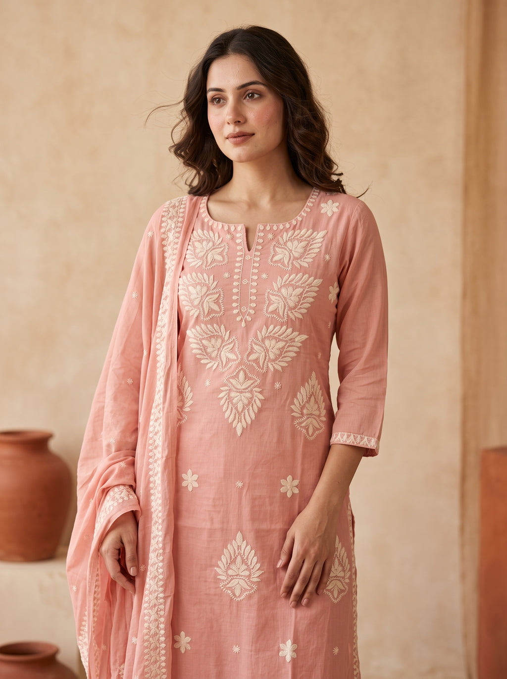 Peach Chikankari Embroidered Cotton Kurta Set with Dupatta