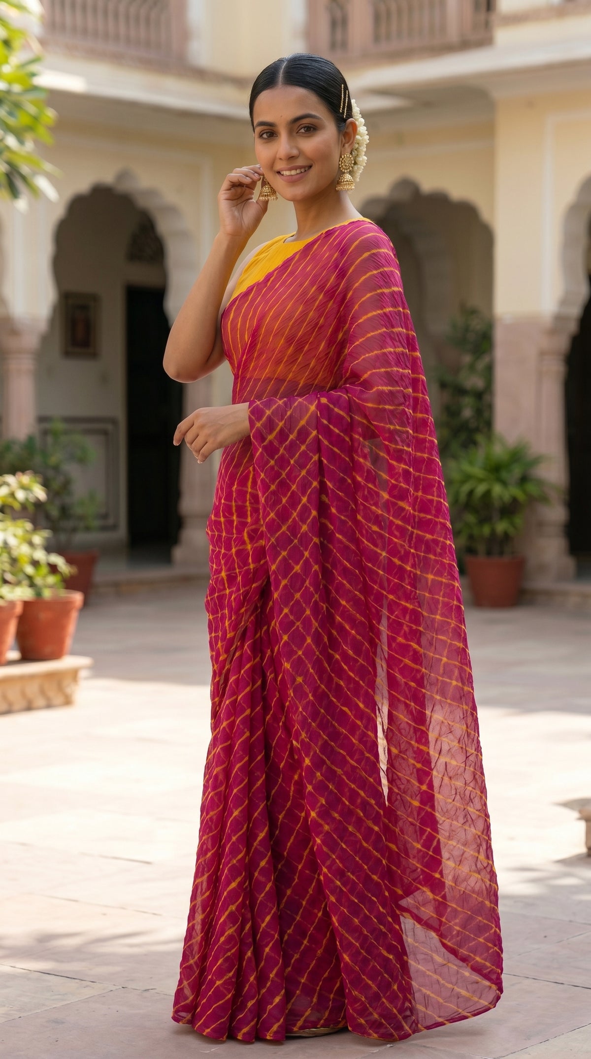 Rani Pink & Yellow Leheriya Georgette Saree with Blouse Piece