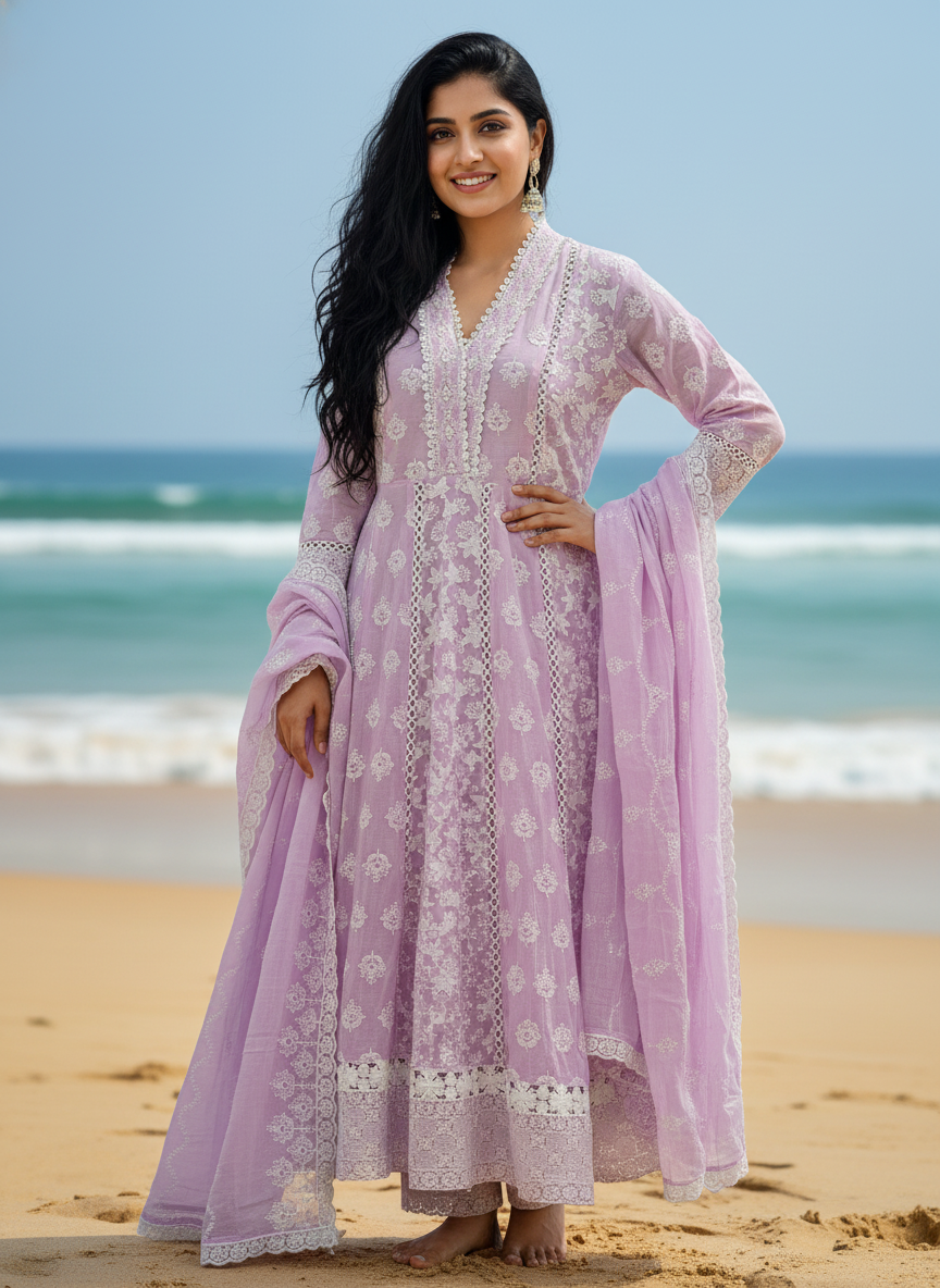 Lavender Chikankari Cotton Anarkali Suit for Women – Embroidered Ethnic Kurta Set