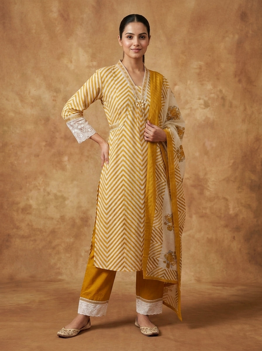 Mustard Chevron Print Cotton Kurta Set for Women – Straight Suit with Palazzo & Dupatta