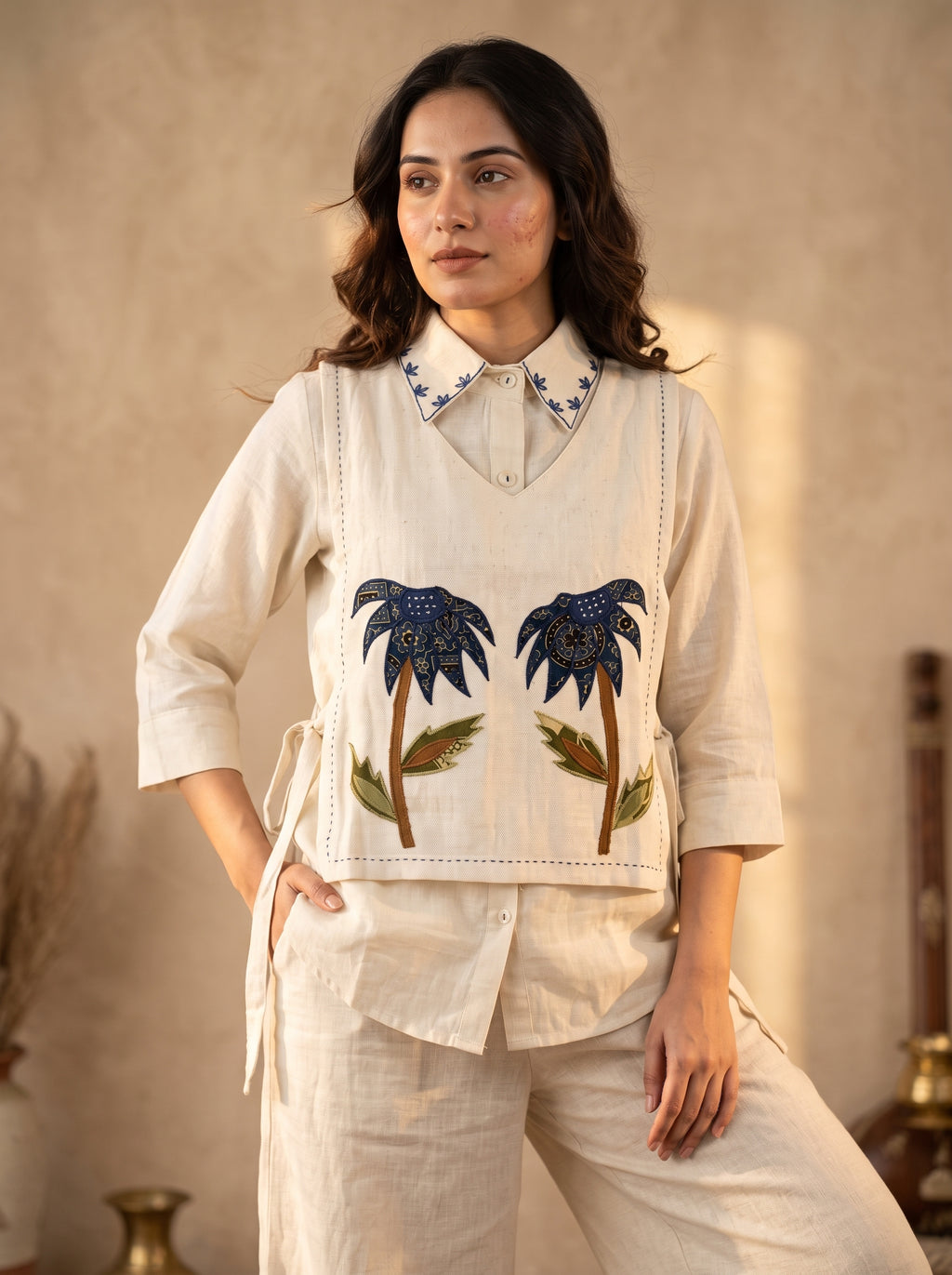 Ivory Cotton Linen Co-ord Set with Floral Appliqué