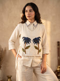 Ivory Cotton Linen Co-ord Set with Floral Appliqué