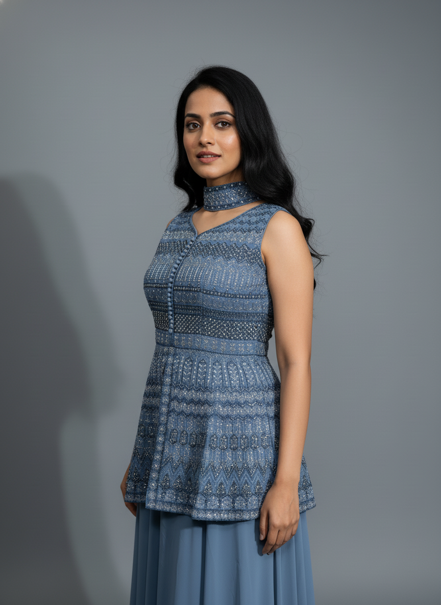 Dusty Blue Embroidered Peplum Top with Flowy Skirt Set – Indo-Western