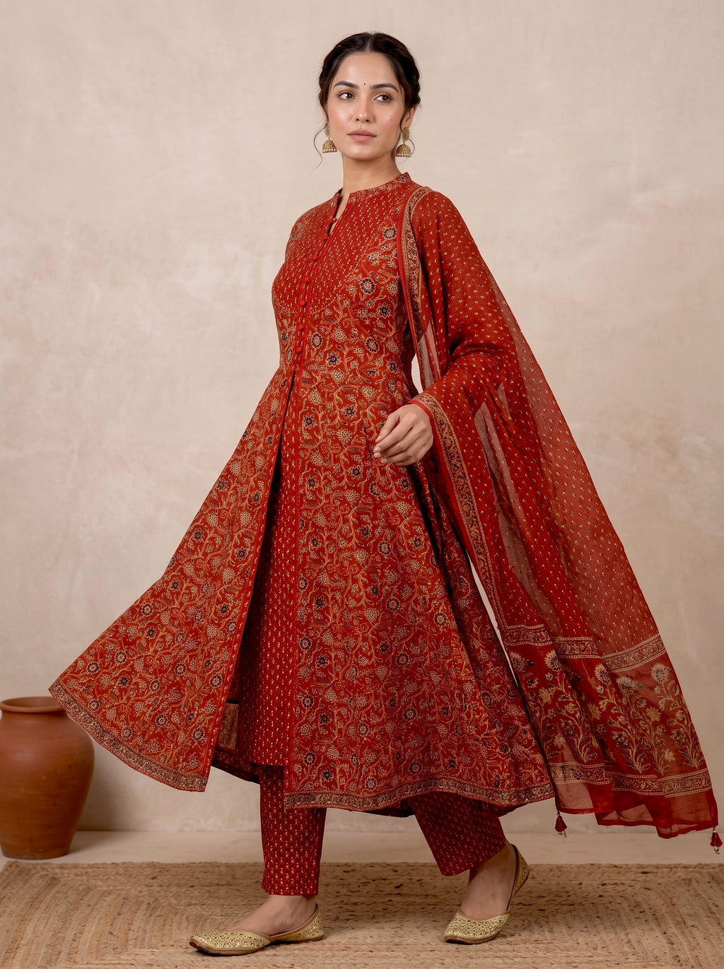 Red Ajrakh Printed Front Slit Anarkali Set