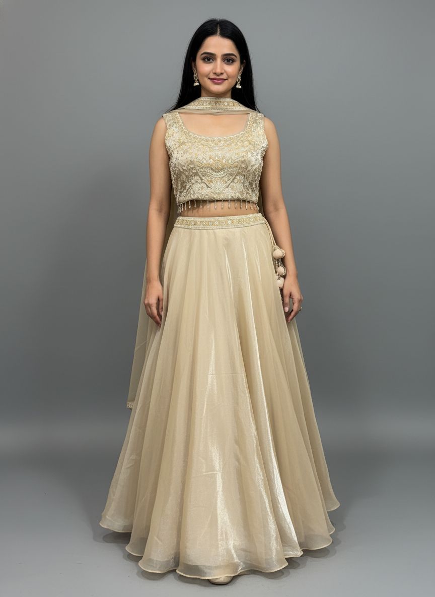 Champagne Gold Shimmer Rim-Jhim Lehenga Set – Reception and Cocktail Wear