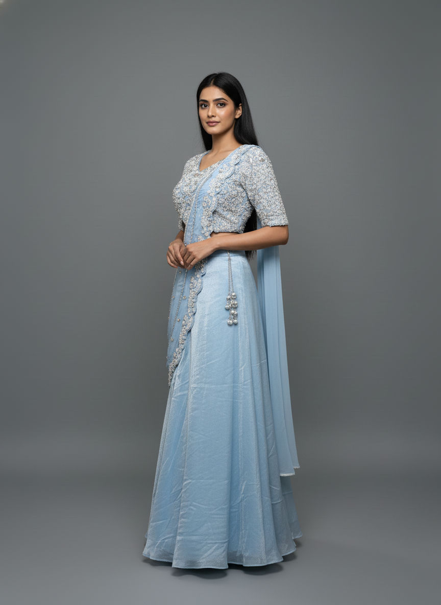 Icy Blue Sequined Blouse and Draped Skirt – Indo-Western Set