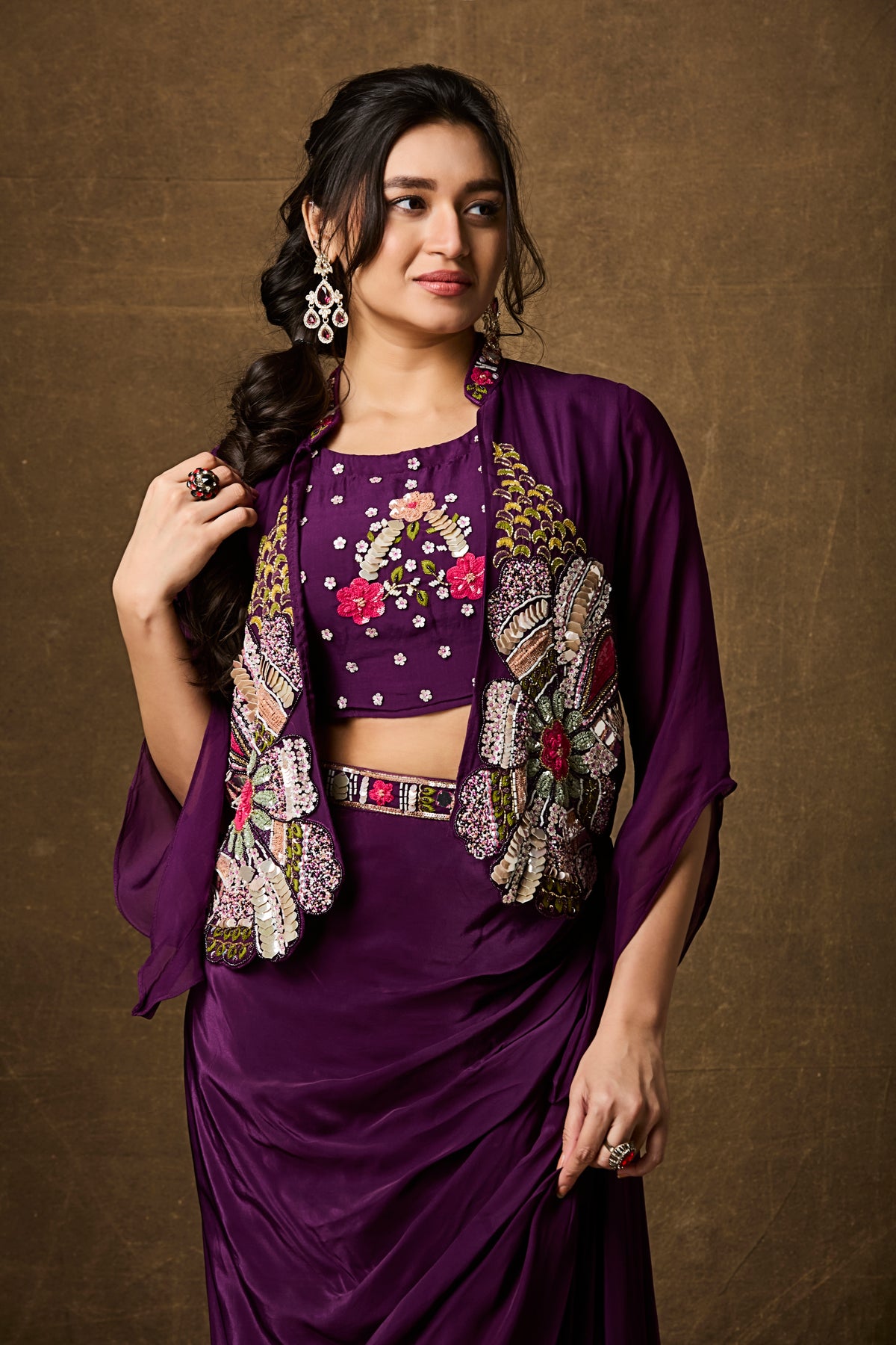 Purple Draped Skirt Set with Embroidered Jacket – Indo-Western Three-Piece