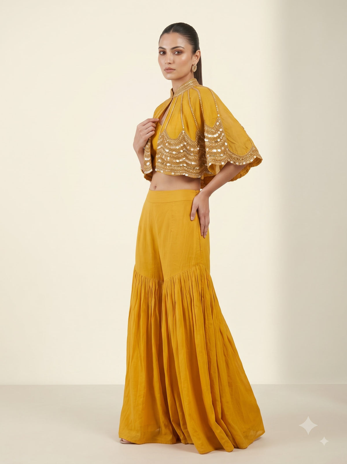 Mustard Chinon Crepe Sharara Set with Embellished Cape & Crop Top