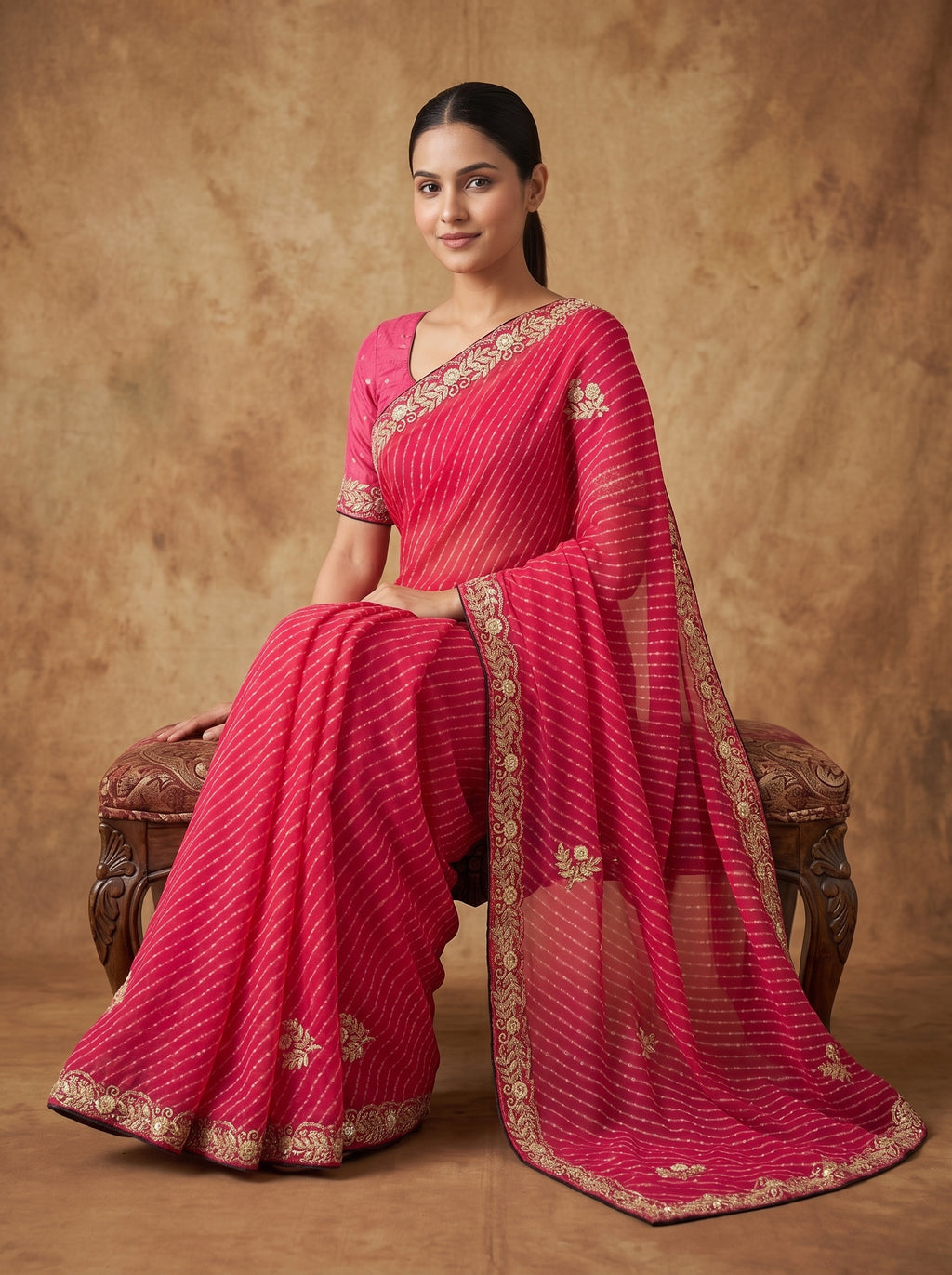 Rani Pink Leheriya Georgette Saree with Gold Zardozi Embroidered Border & Blouse Piece