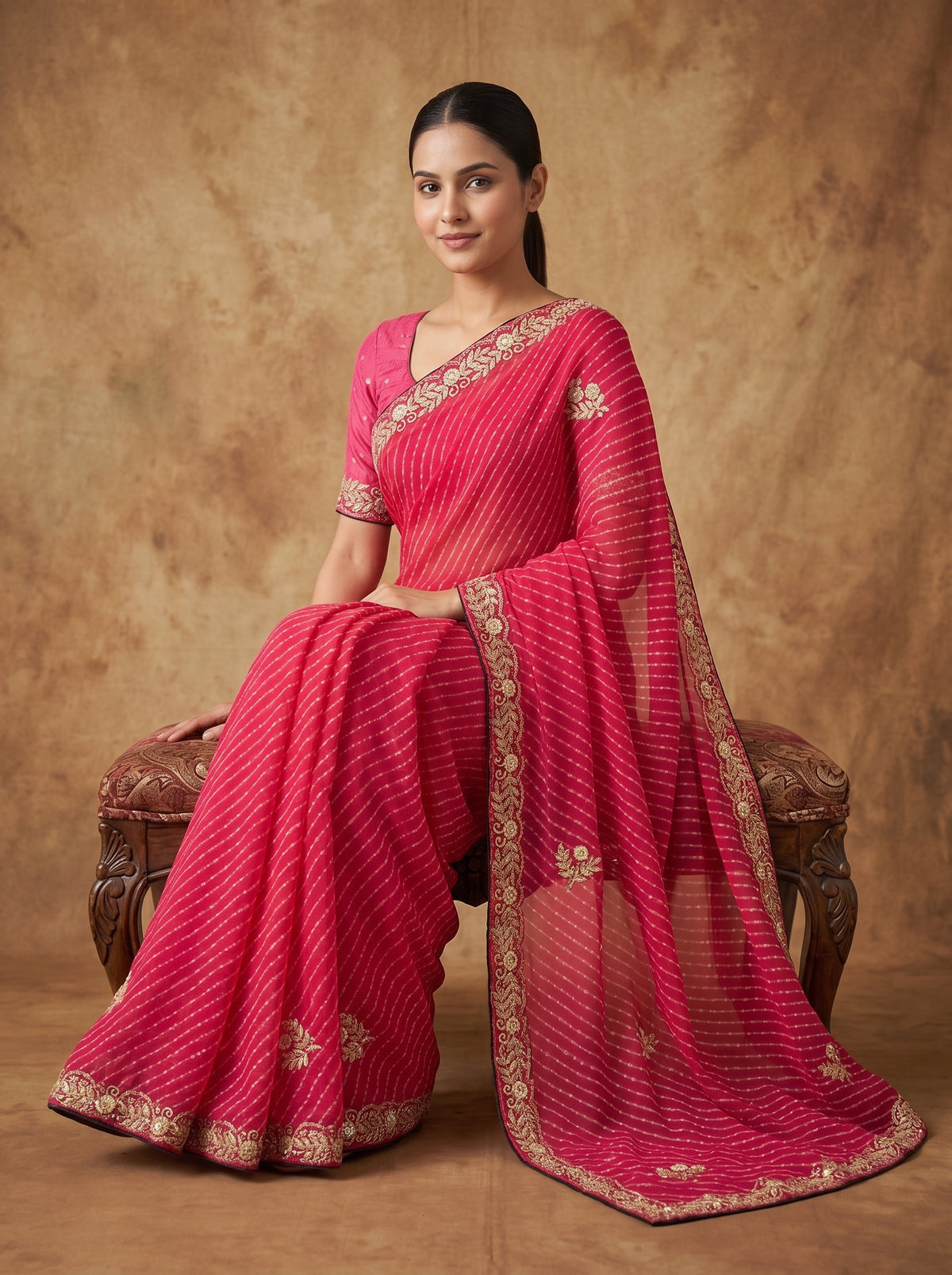 Rani Pink Leheriya Georgette Saree with Gold Zardozi Embroidered Border & Blouse Piece