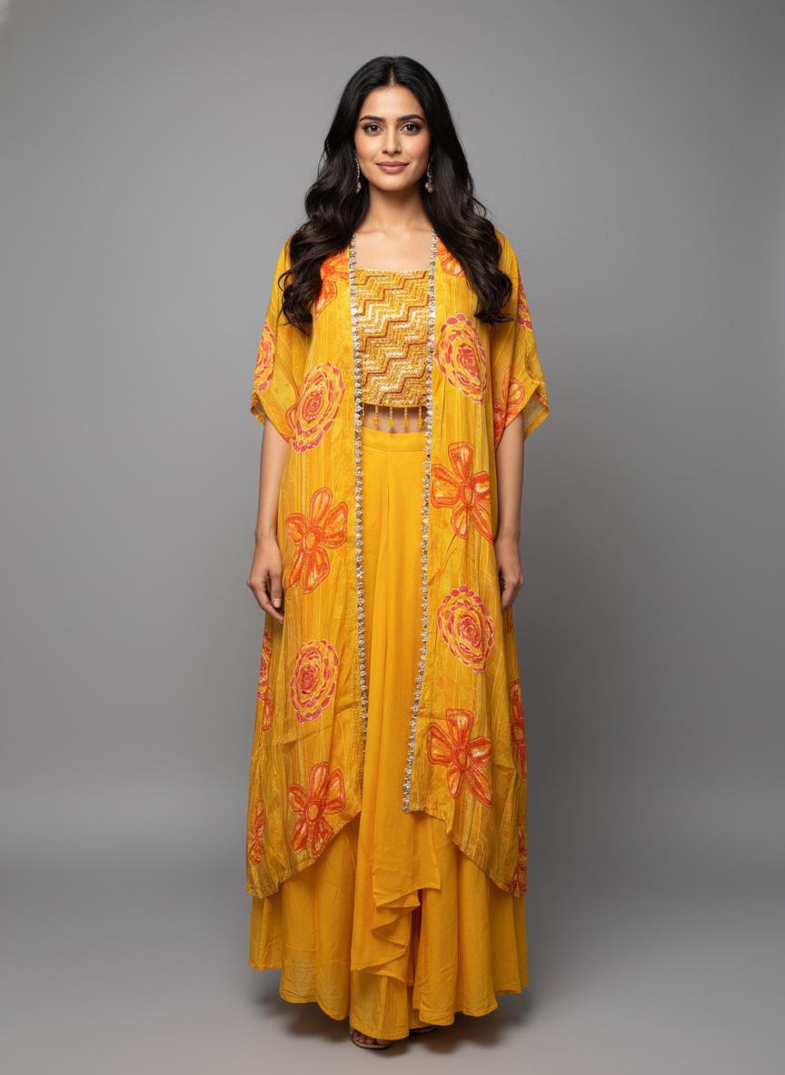 Sunshine Yellow Silk Indo-Western Set with Floral Shrug and Embroidered Crop Top