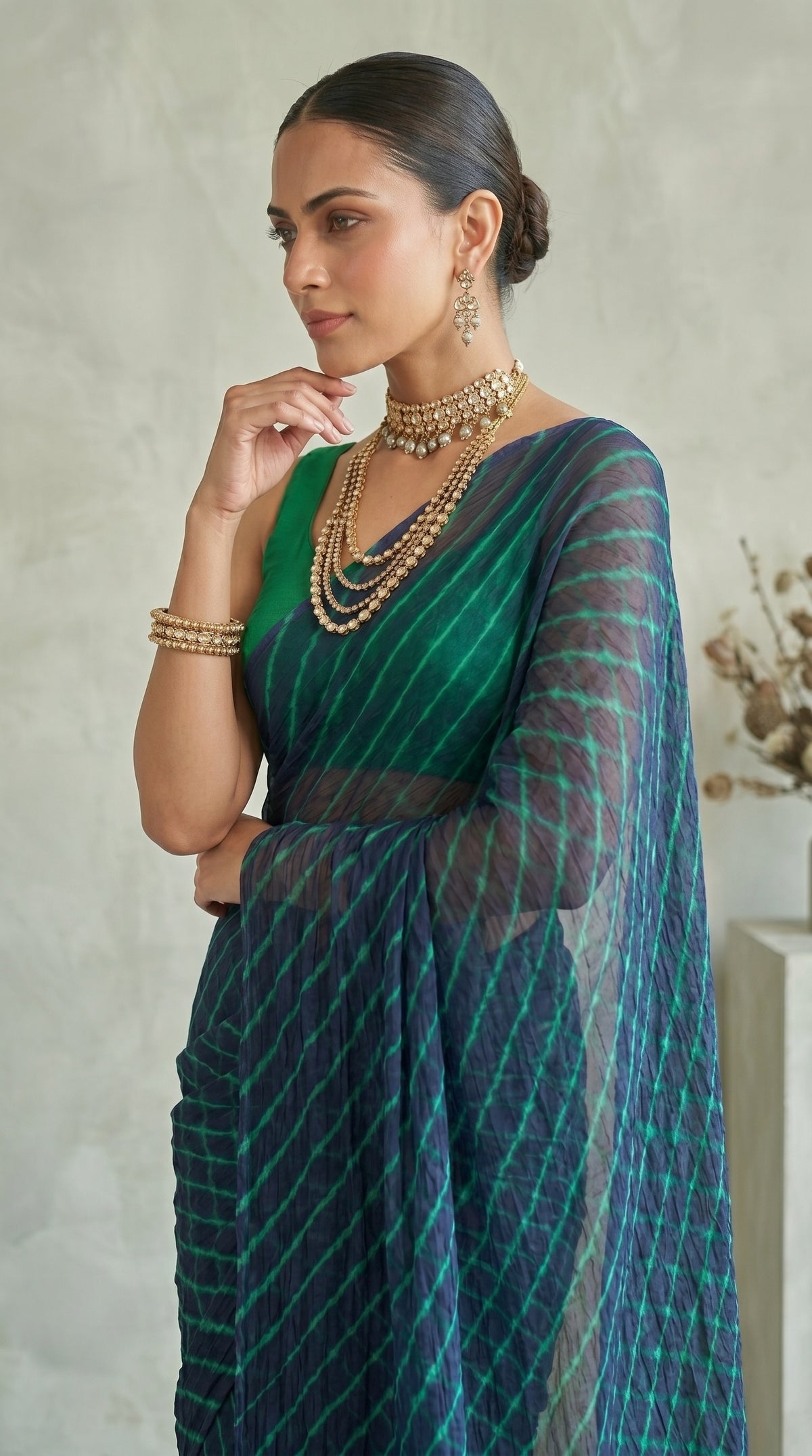 Navy Blue & Green Leheriya Georgette Saree with Blouse Piece