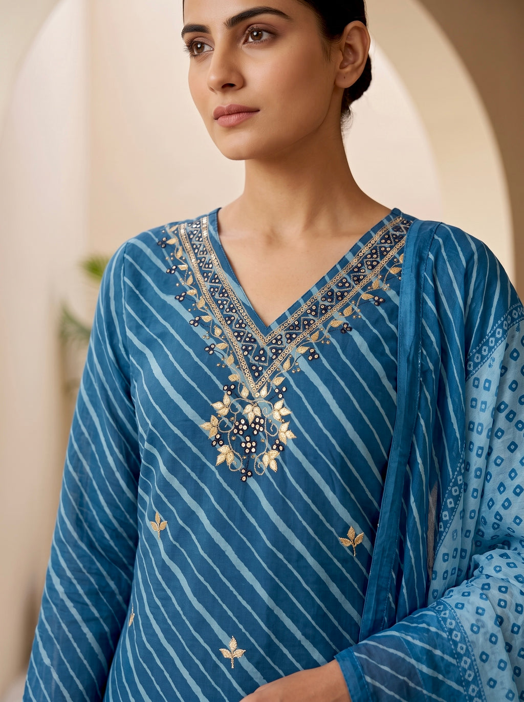 Teal Blue Leheriya Printed Kurta Pant Set with Dupatta