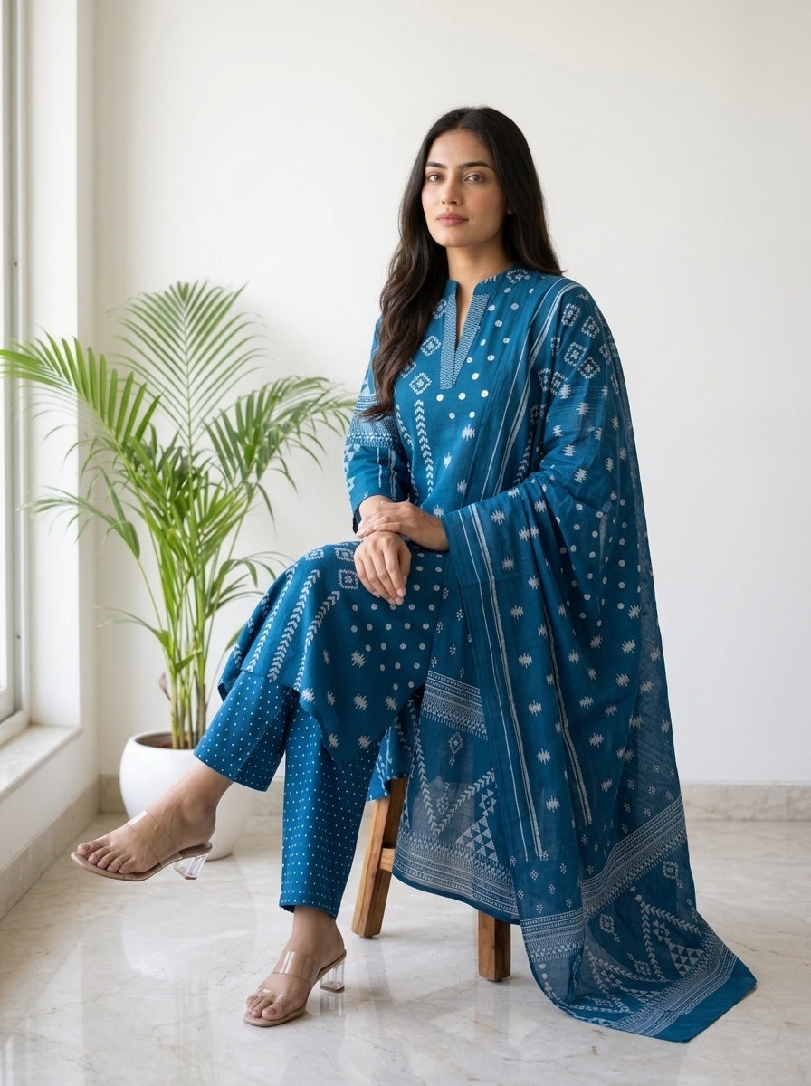 Teal Blue Ikat Print Cotton Kurta Pant Set with Dupatta