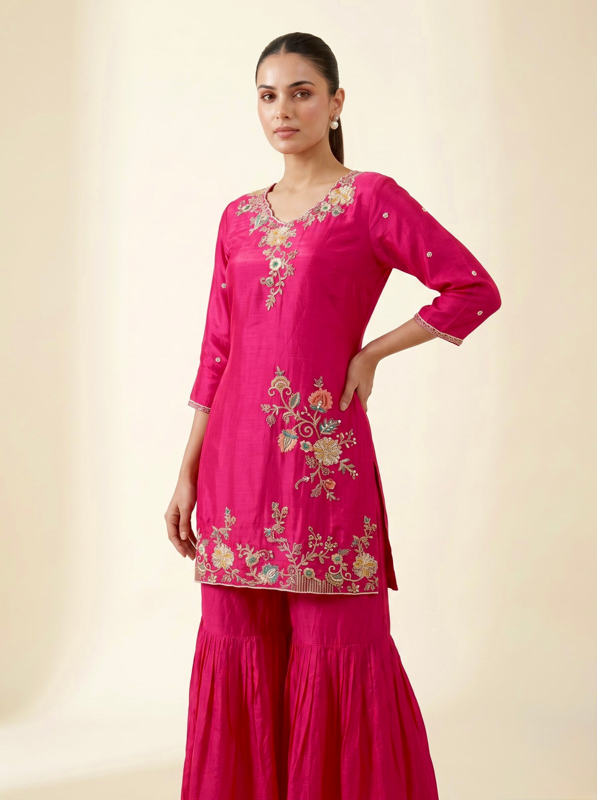 Rani Pink Pure Georgette Silk Sharara Set with Zardozi Embroidery & Organza Dupatta