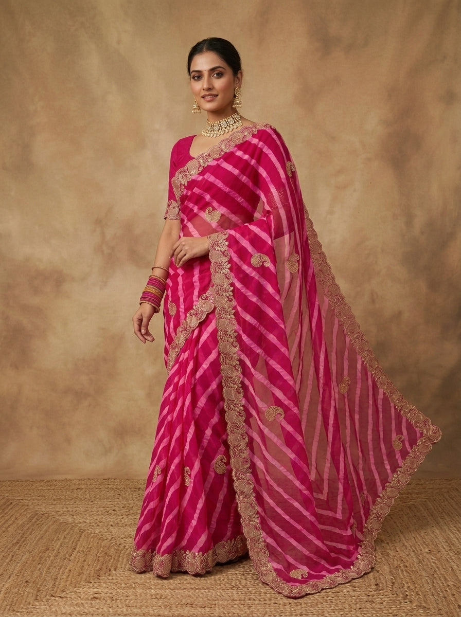 Rani Pink Leheriya Georgette Saree with Embroidered Scalloped Border