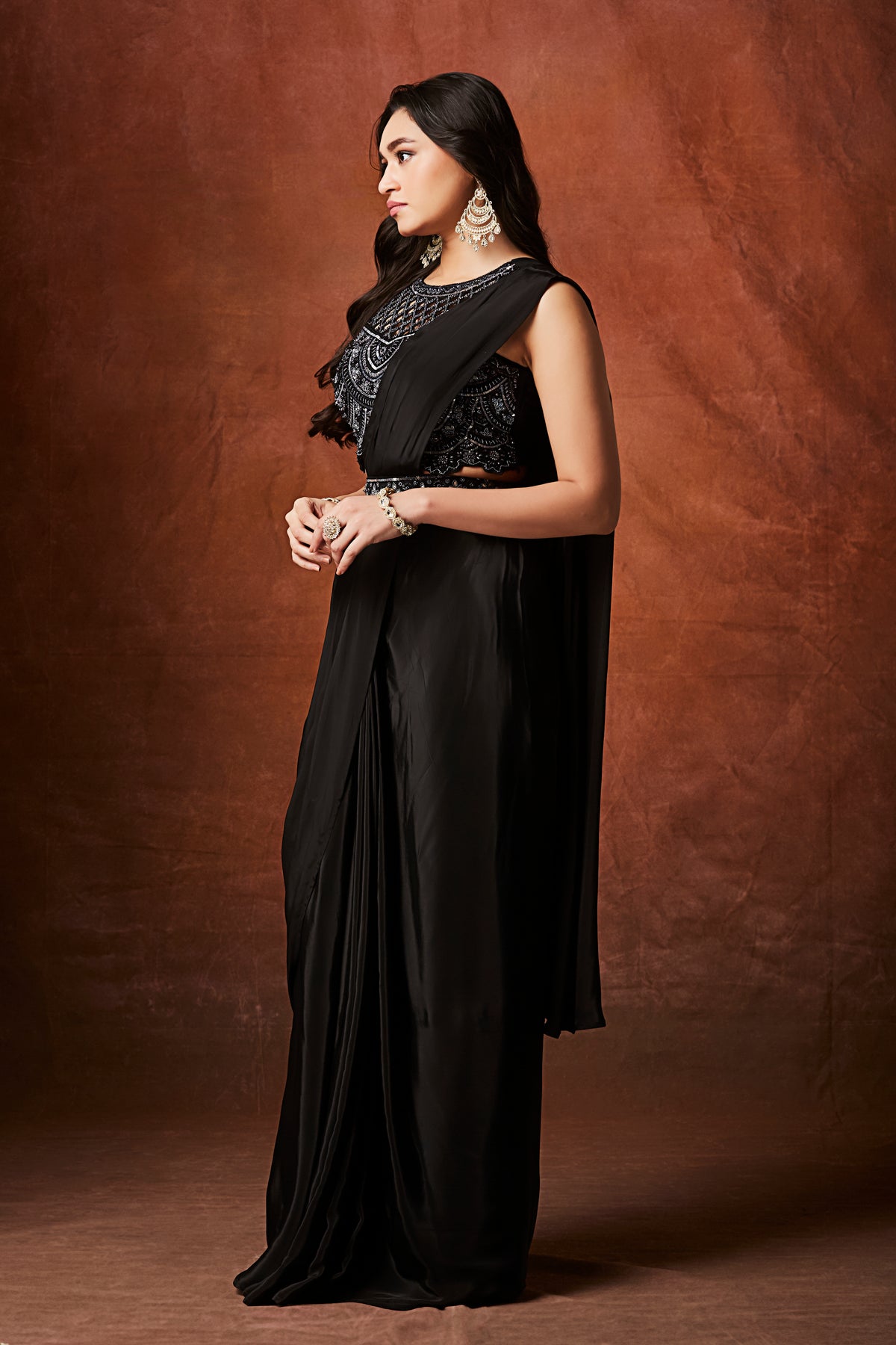 Midnight Glamour Pre-Draped Sequin Saree – Black Cocktail Wear