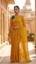 Mustard Yellow & Green Leheriya Georgette Saree with Blouse Piece
