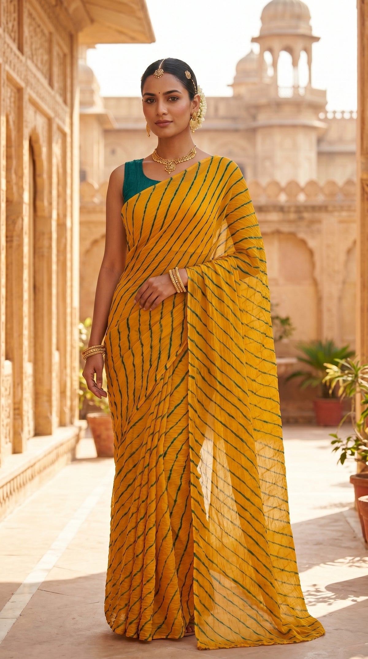 Mustard Yellow & Green Leheriya Georgette Saree with Blouse Piece