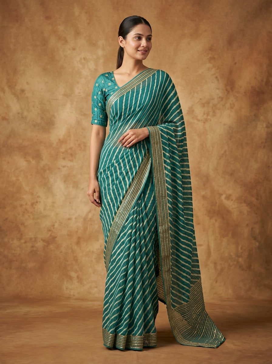 Teal Green Leheriya Modal Silk Saree for Women with Zari Border & Blouse Piece
