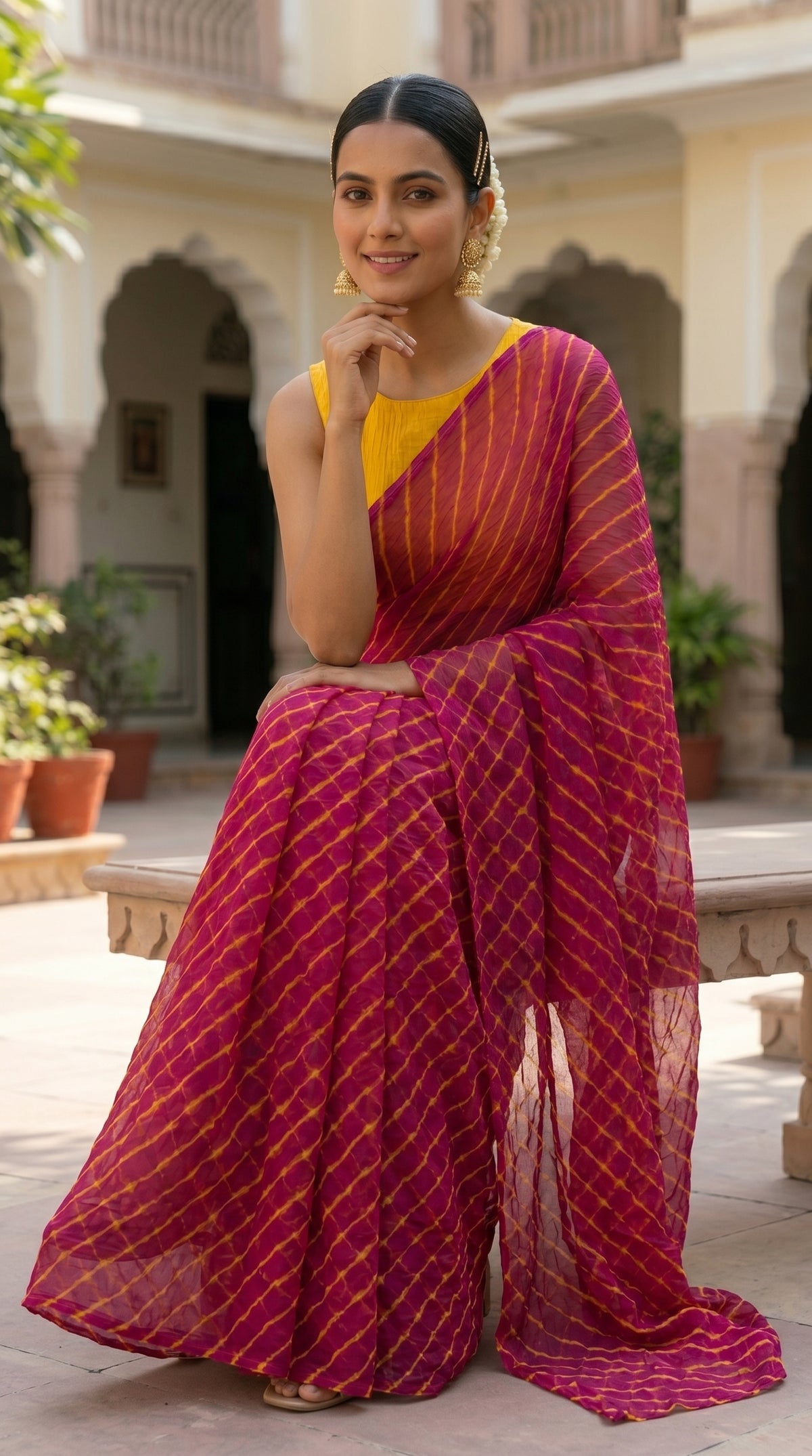 Rani Pink & Yellow Leheriya Georgette Saree with Blouse Piece