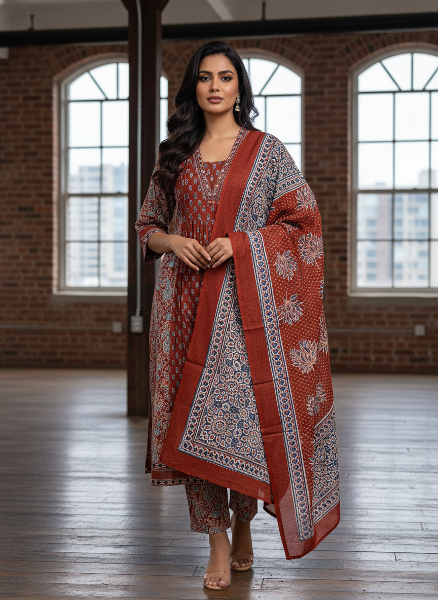 Rust and Indigo Ajrakh Cotton Kurta Set for Women – Block Print Ethnic Suit
