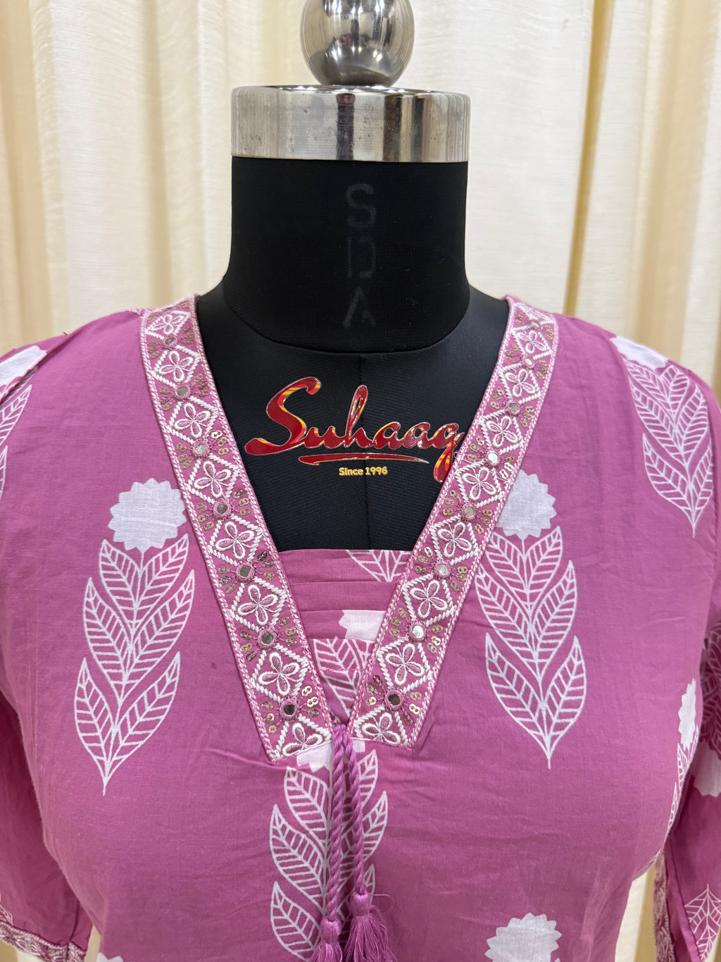 Mauve Pink Leaf Print Cotton Kurta Set for Women – Office Wear Ethnic Suit