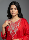 Ruby Red Embroidered Kurta and Pant Set with Organza Dupatta