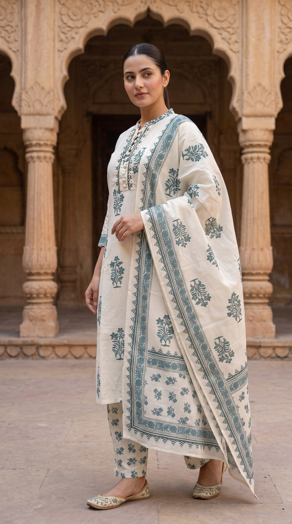 Ivory Teal Block Print Cotton Kurta Set for Women – Straight Suit with Dupatta