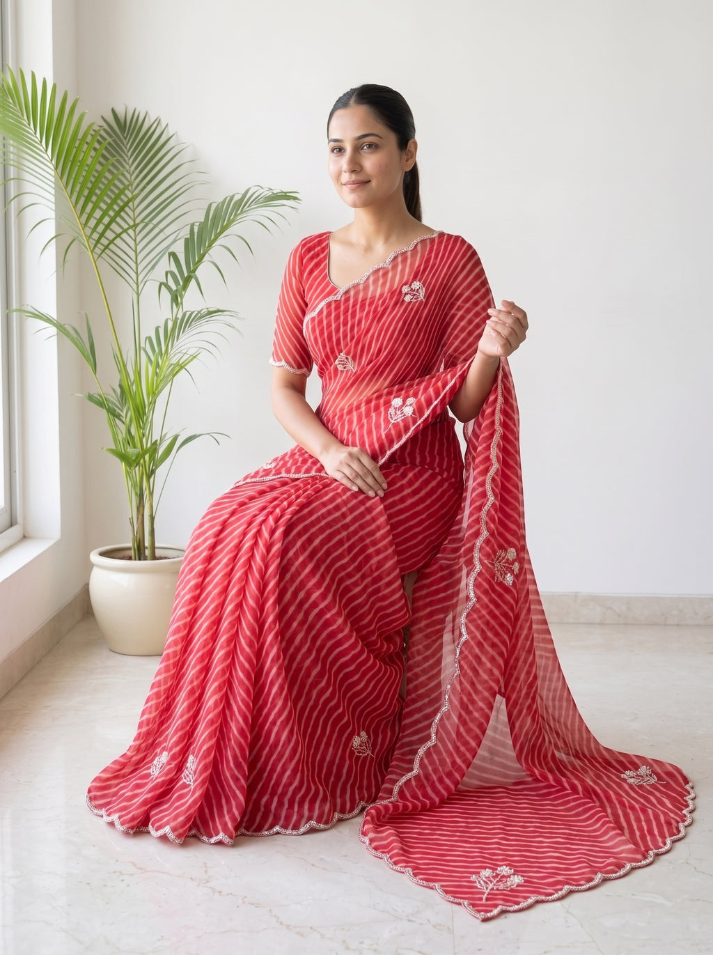 Red Leheriya Georgette Saree with Pearl Work & Blouse Piece