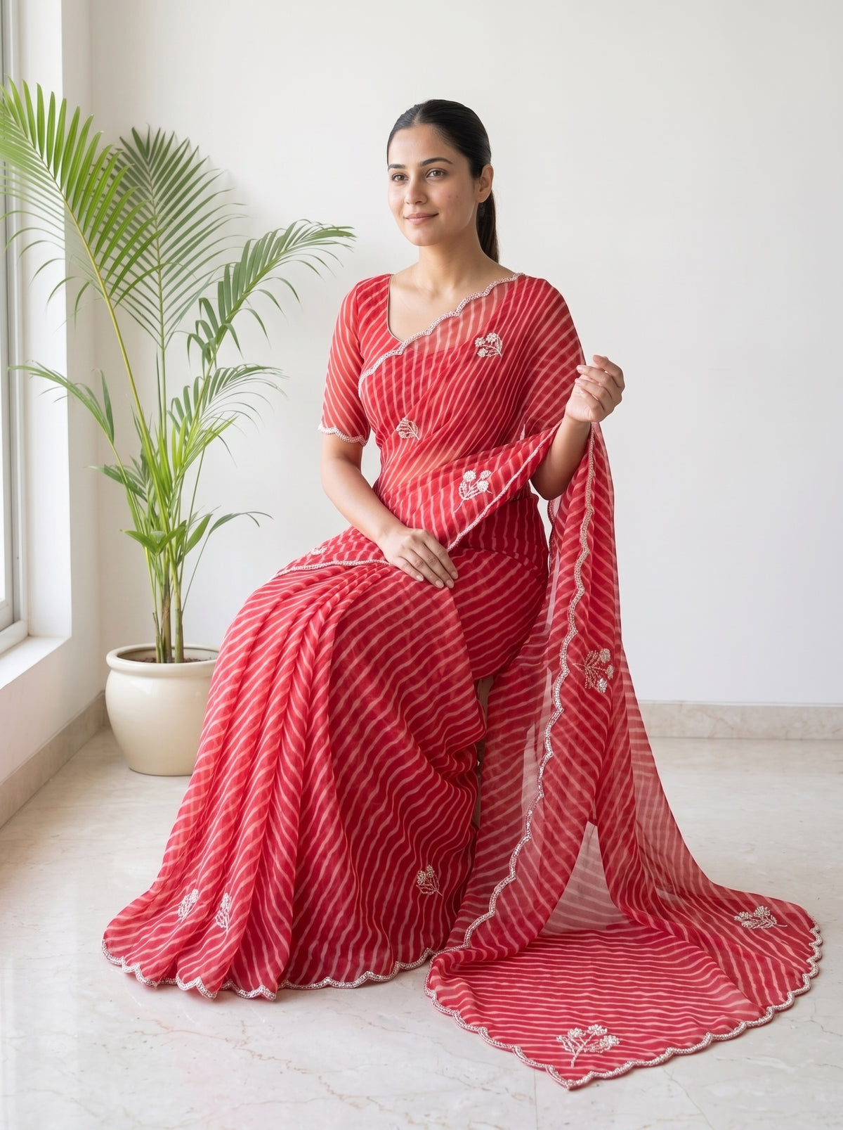 Red Leheriya Georgette Saree with Pearl Work & Blouse Piece