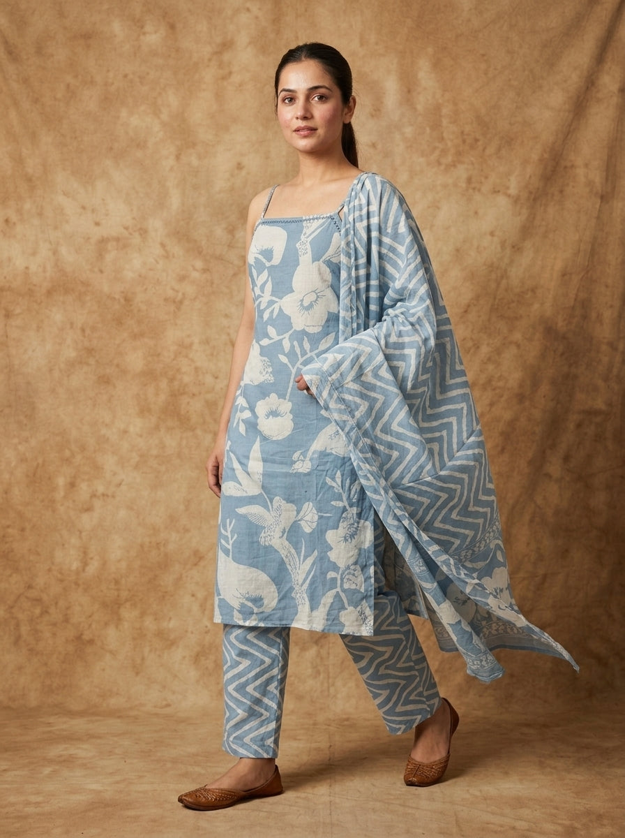 Blue Floral Print Cotton Sleeveless Kurta Set for Women – Straight Suit with Dupatta