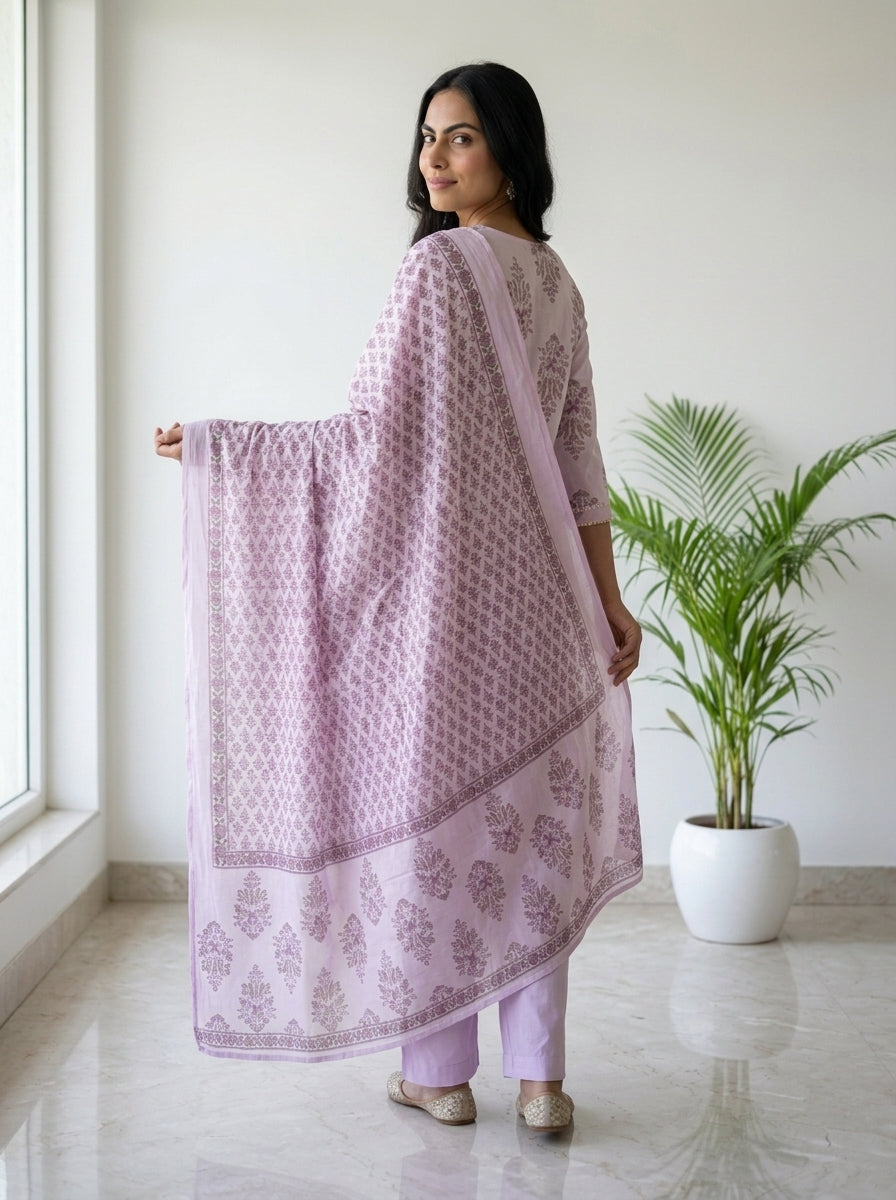 Lilac Block Print Cotton Kurta Pant Set with Dupatta