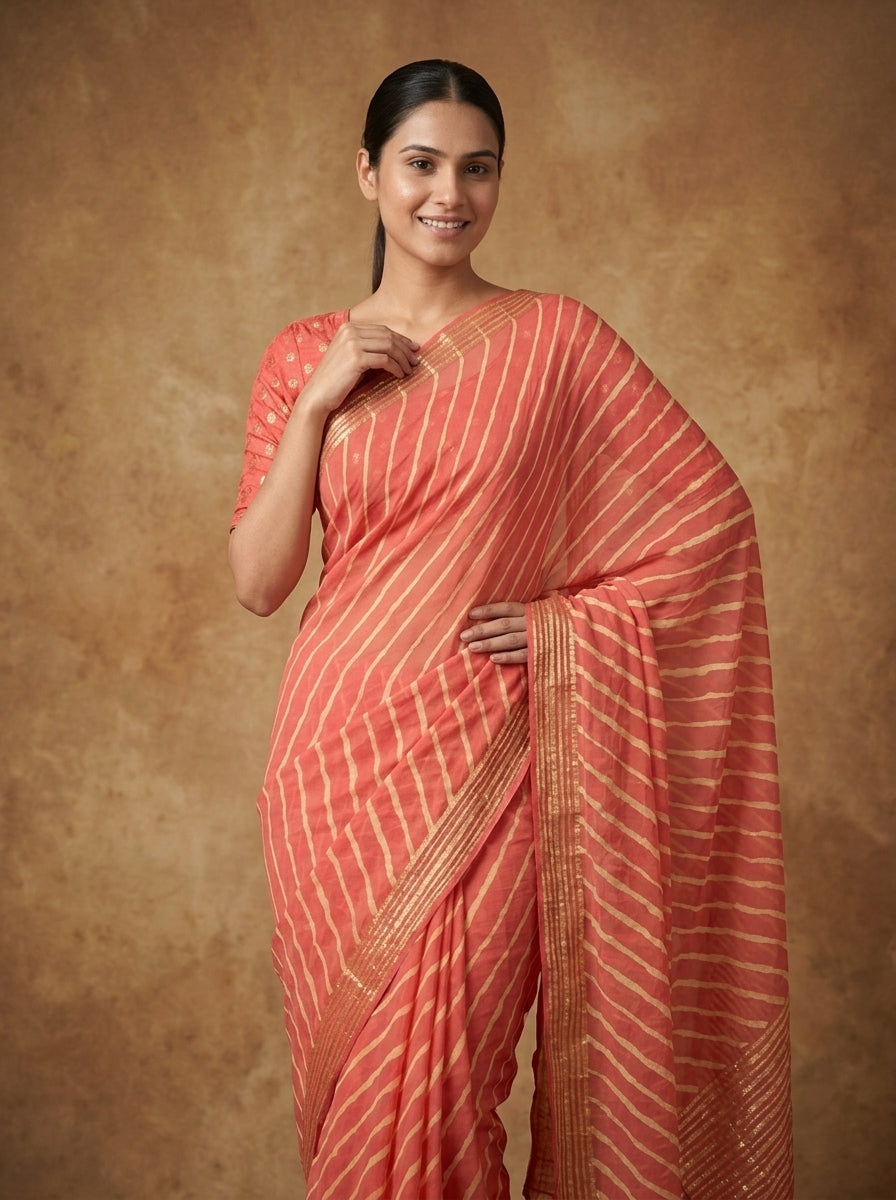 Coral Peach Leheriya Modal Silk Saree for Women with Zari Border & Blouse Piece