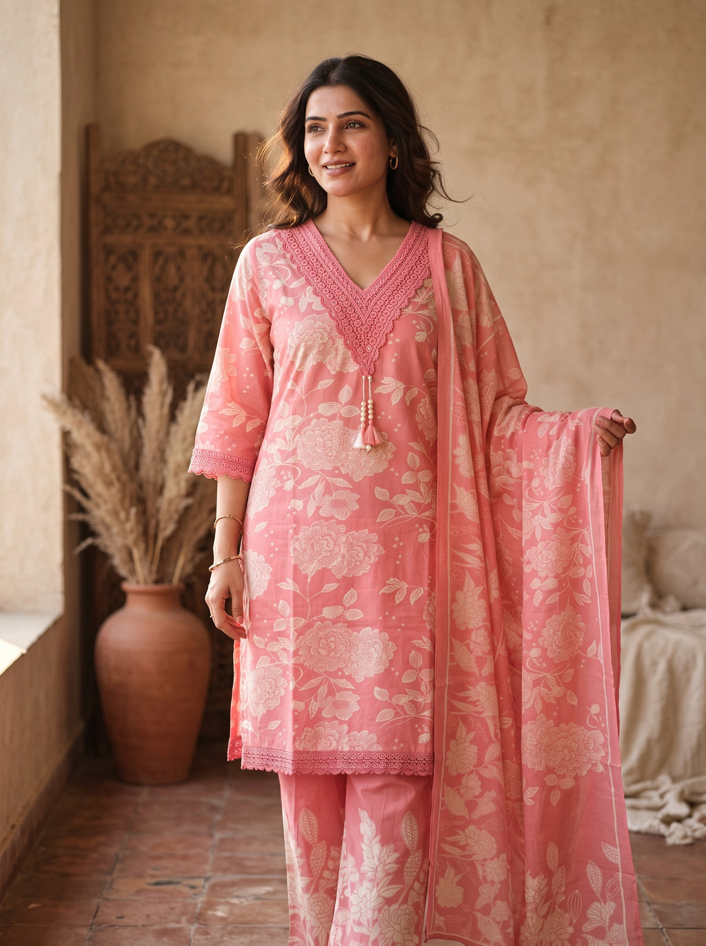 Pink Floral Print Cotton Kurta Set with Lace & Dupatta