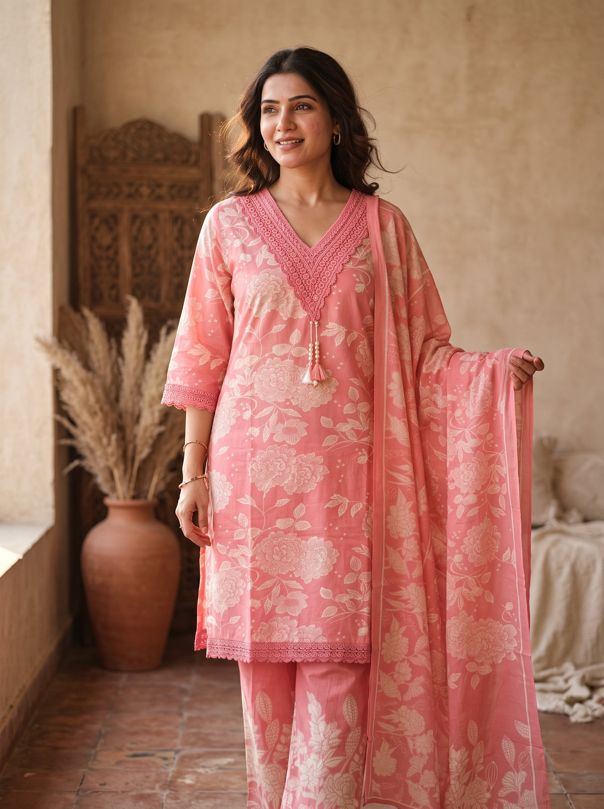Pink Floral Print Cotton Kurta Set with Lace & Dupatta