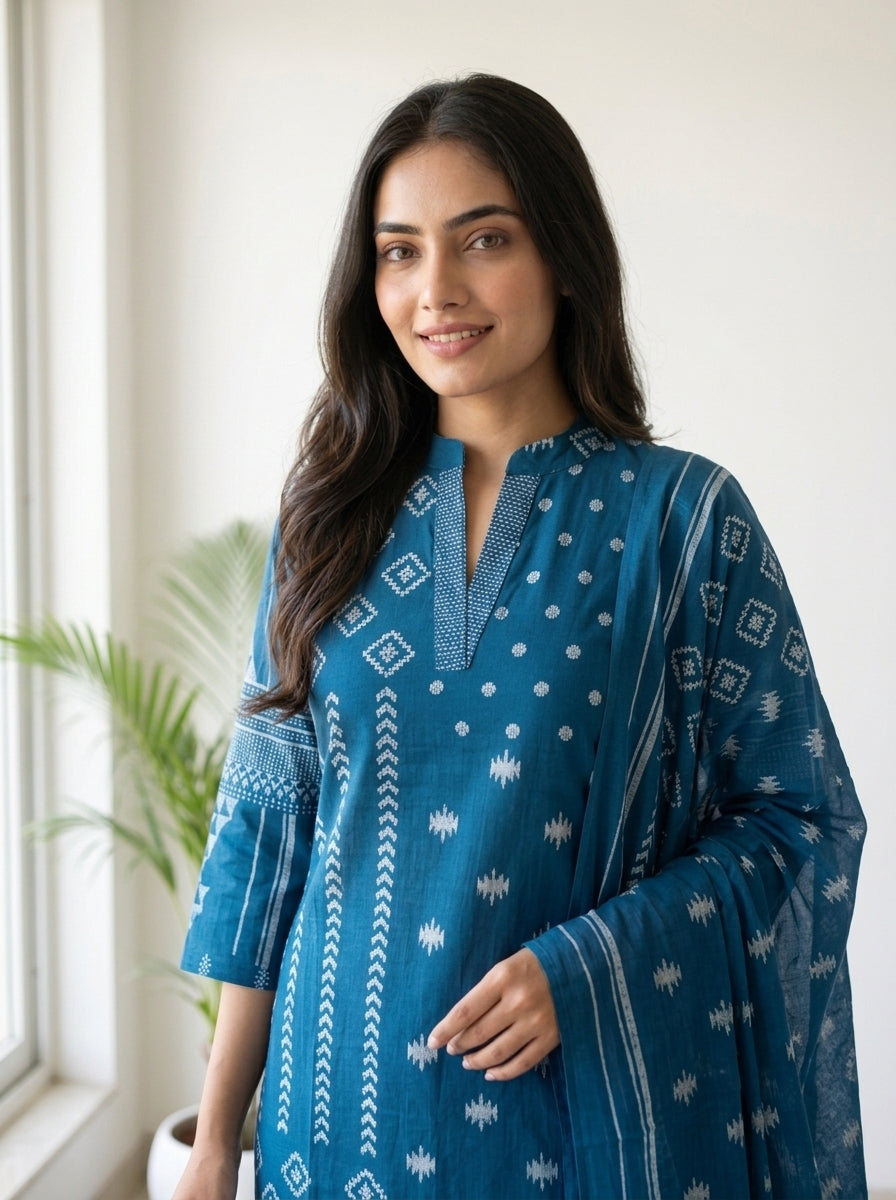 Teal Blue Ikat Print Cotton Kurta Pant Set with Dupatta