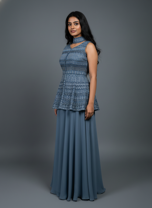 Dusty Blue Embroidered Peplum Top with Flowy Skirt Set – Indo-Western