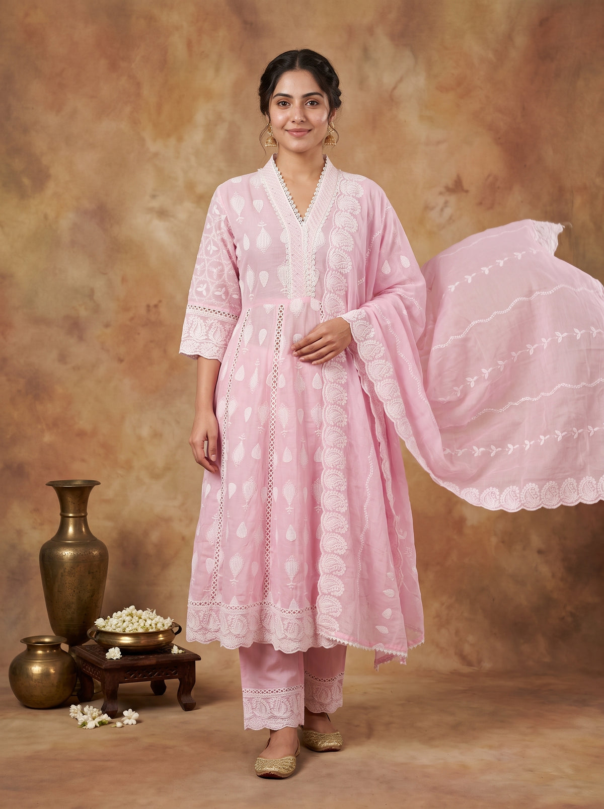 Pink Chikankari Cotton Schiffli Anarkali Set