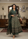 Emerald Green Ajrakh Cotton Anarkali Set for Women – Block Print Ethnic Kurta