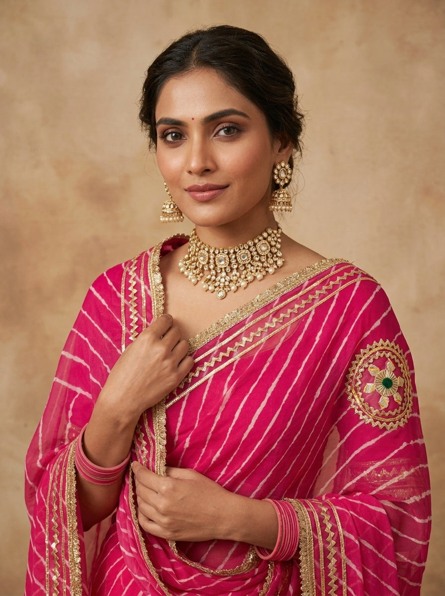 Rani Pink Leheriya Georgette Saree with Gota Mirror Motifs
