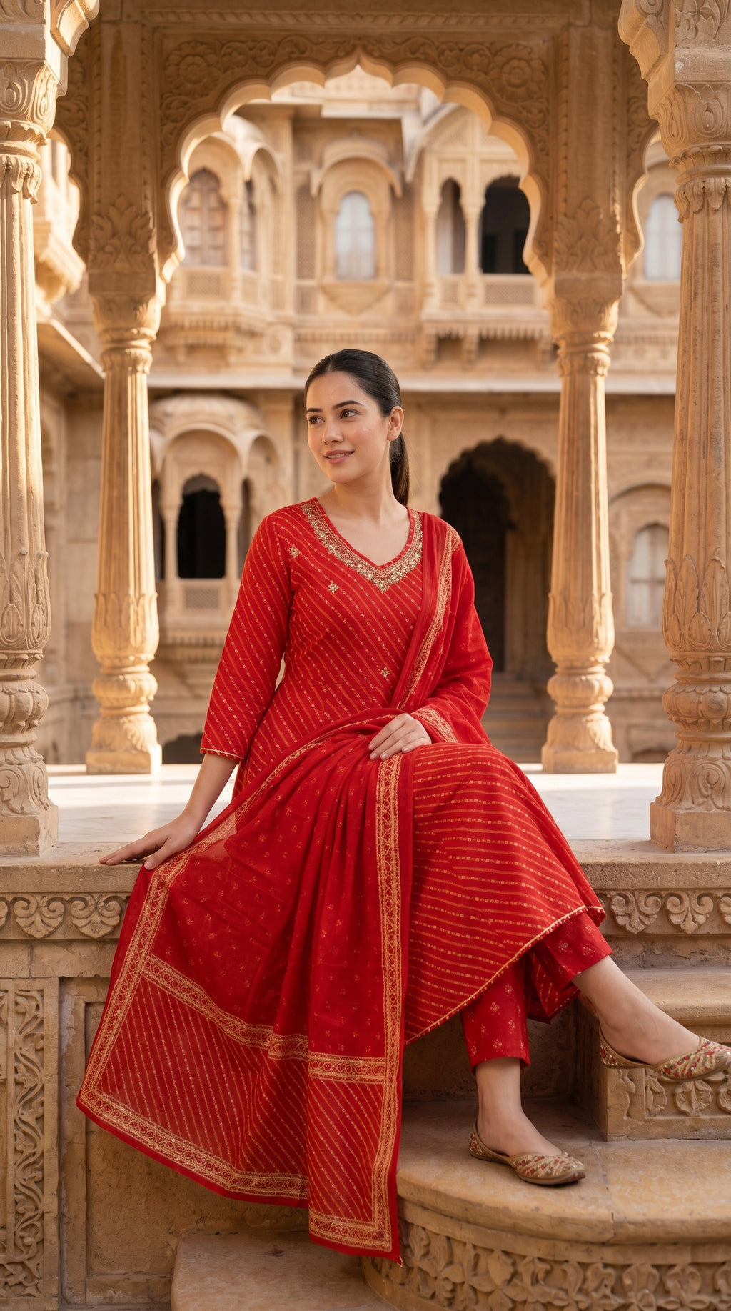 Orange  Leheriya Anarkali Cotton Kurta Set with Bandhani Dupatta