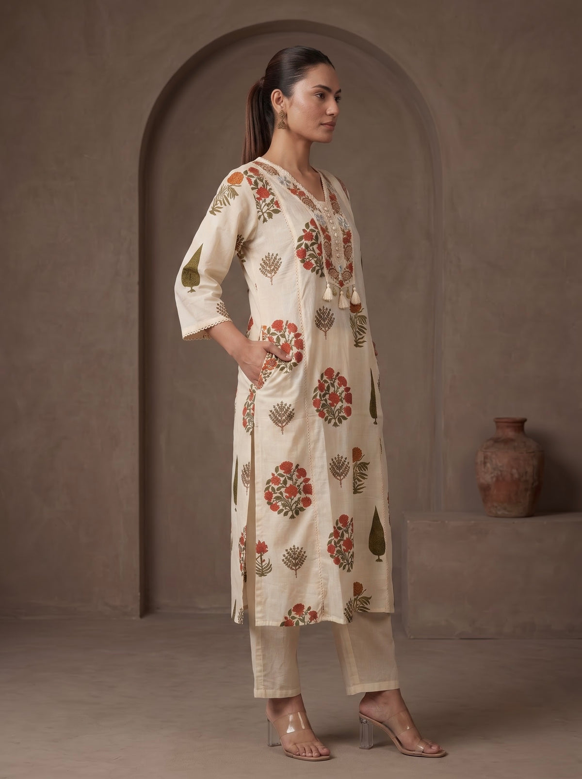 Ivory Mughal Floral Print Premium Cotton Kurta Set