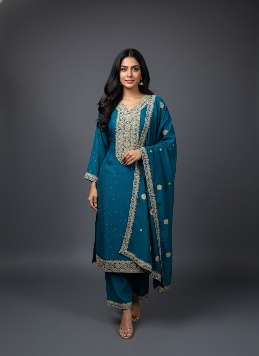 Regal Firozi Viscose Anarkali Suit Set with Heavy Gold Zari Embroidery