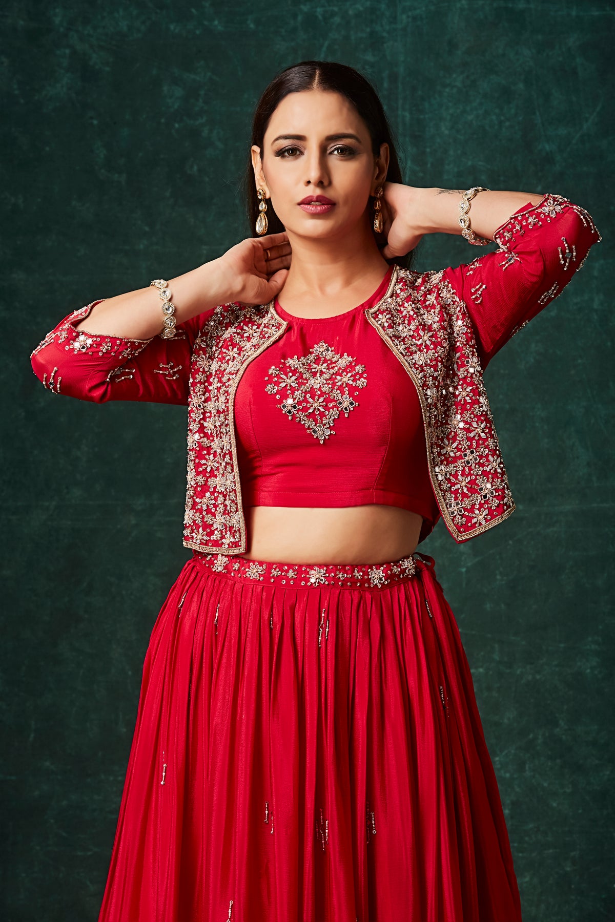 Crimson Red Lehenga Set with Embroidered Jacket – Three-Piece Wedding Wear