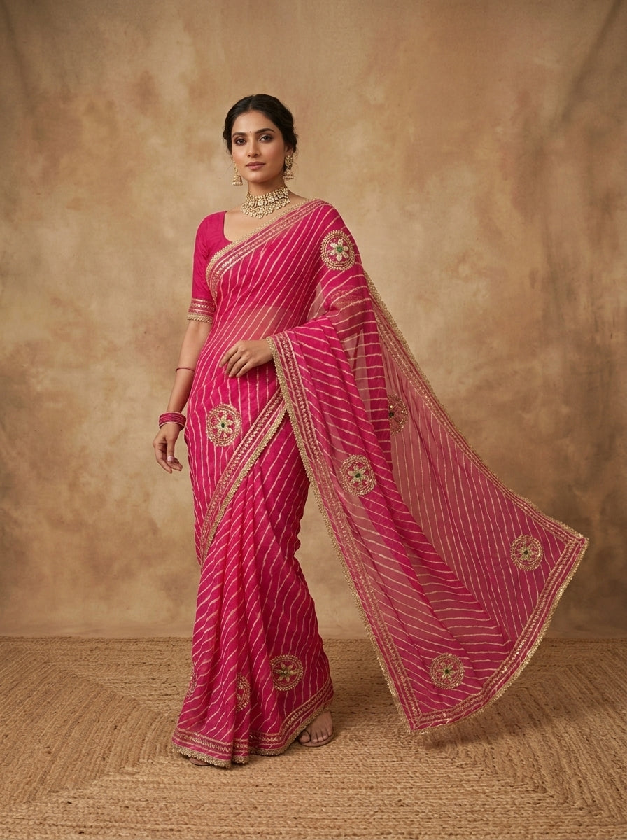Rani Pink Leheriya Georgette Saree with Gota Mirror Motifs