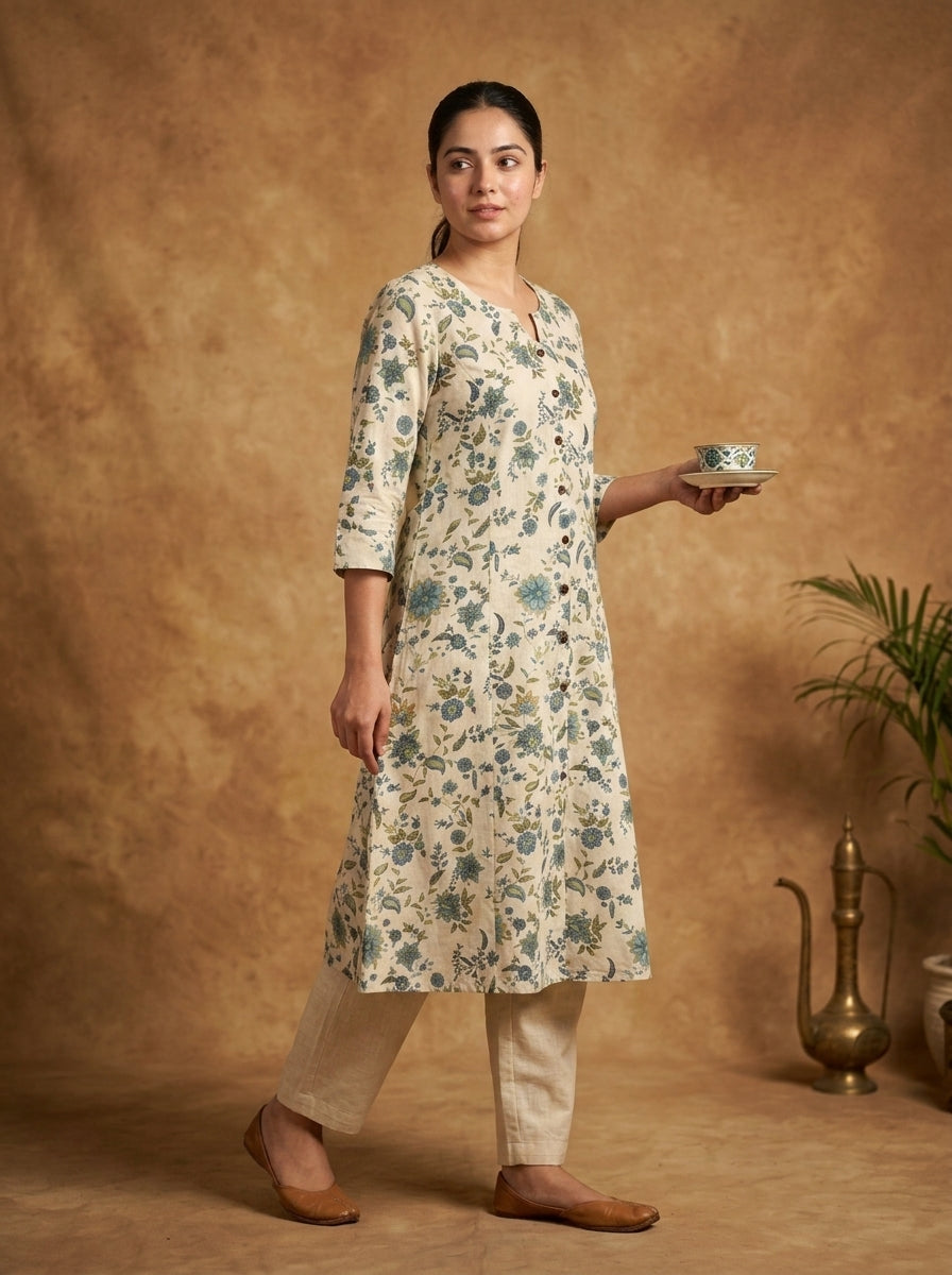 Ivory Blue Green Floral Print Cotton A-Line Kurta Set for Women – Button-Front Suit