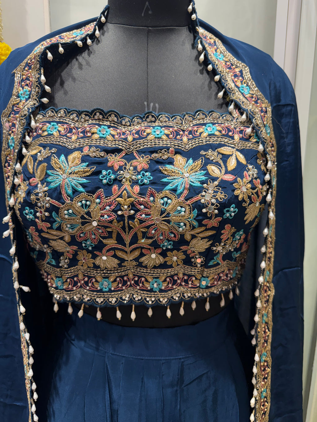 Powder Blue Crepe Skirt Set with Embroidered Cape – Festive Indo-Western